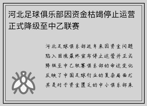 河北足球俱乐部因资金枯竭停止运营正式降级至中乙联赛 河北足球俱乐部因资金枯竭停止运营正式降级至中乙联赛