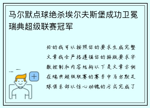 马尔默点球绝杀埃尔夫斯堡成功卫冕瑞典超级联赛冠军