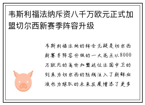 韦斯利福法纳斥资八千万欧元正式加盟切尔西新赛季阵容升级