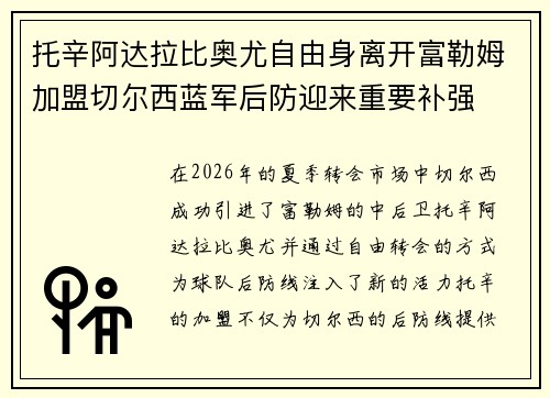 托辛阿达拉比奥尤自由身离开富勒姆加盟切尔西蓝军后防迎来重要补强